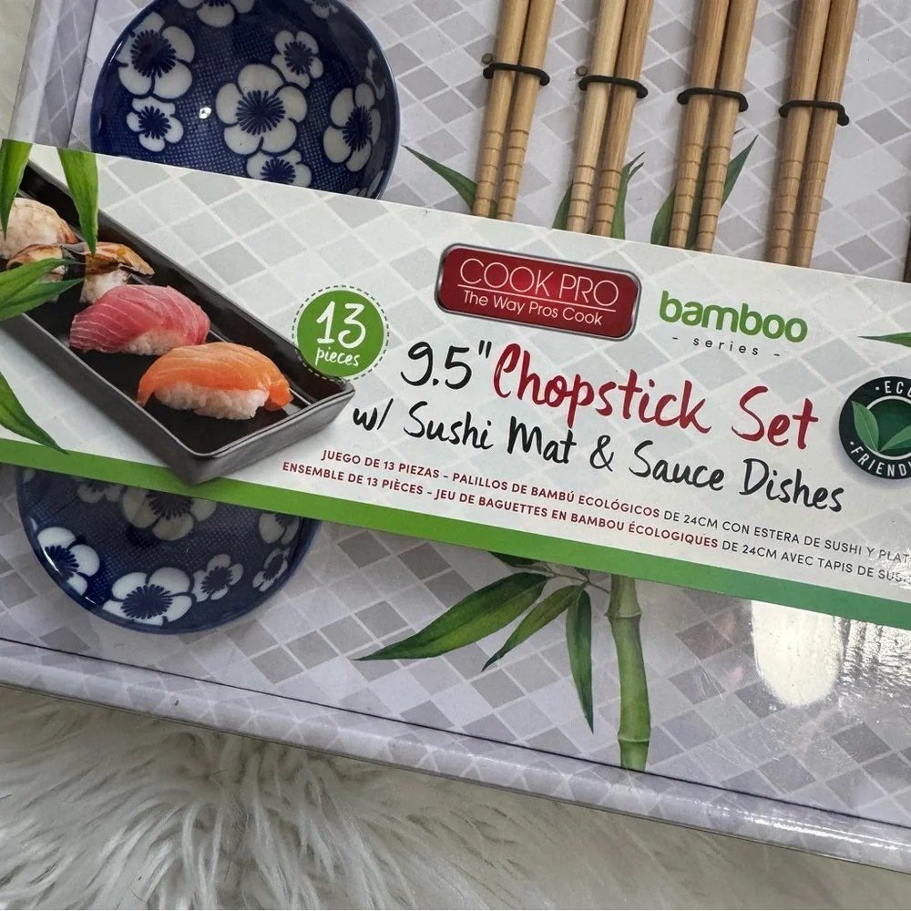 Cook Pro Bamboo Chopstick Sushi Mat Set with Blue Sauce Dishes